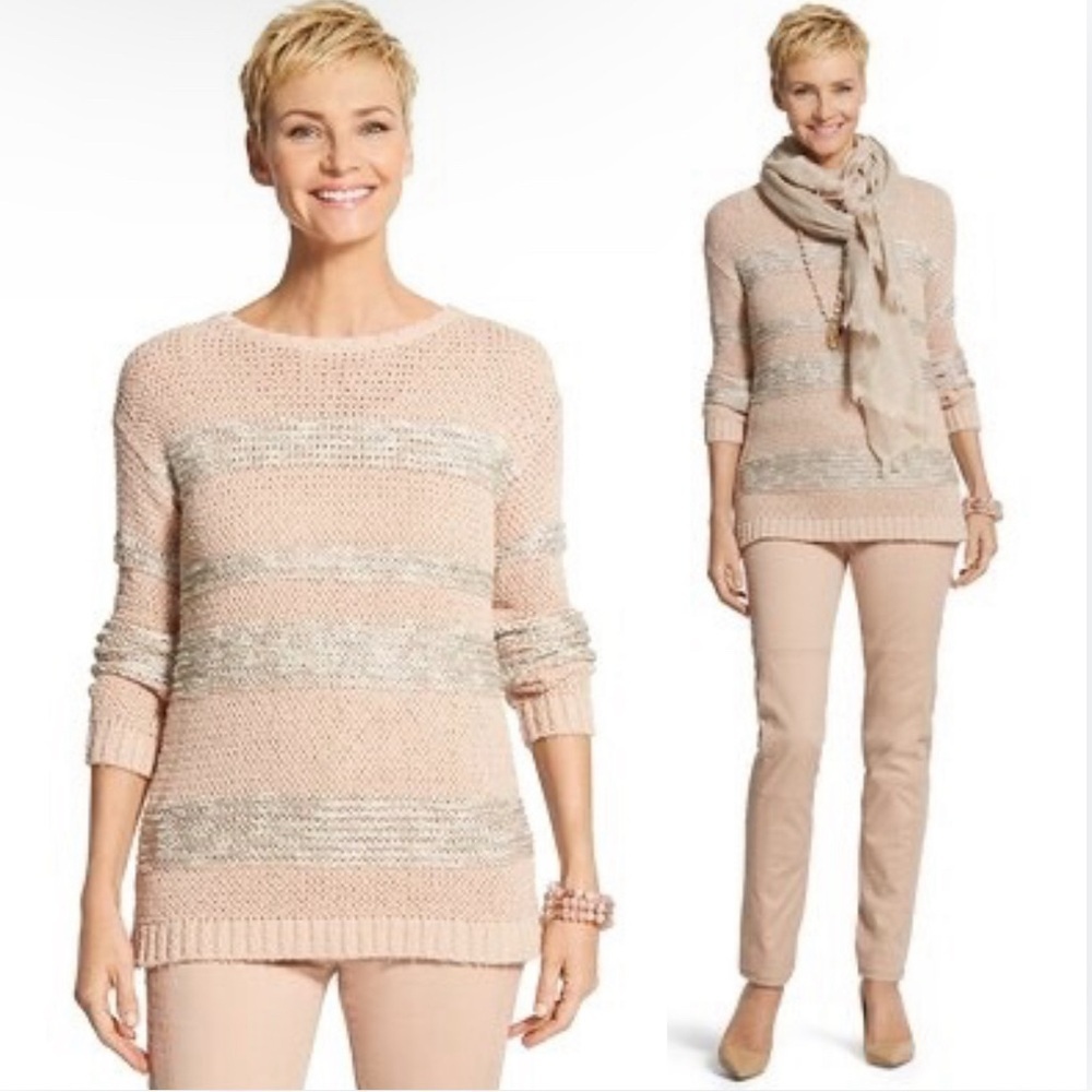 Chico’s Large (3) Pink Sweater Marley Sparkle Stripe Pullover Tunic Length Fall - Picture 3 of 9